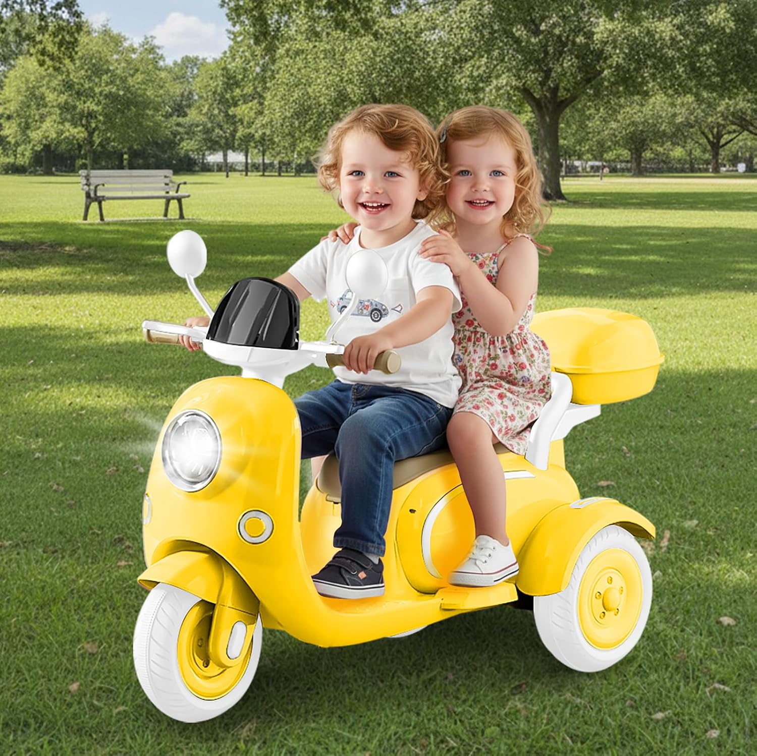 HEIMILI 12V 2-Seater Ride on Motorcycle for Kids, 3 Wheel Electric Motorbike with Dual 25W Motors, Toddler Moped Scooter with Bluetooth Music, Battery Powered Toy for Girls Boys 3-6 Years, Yellow