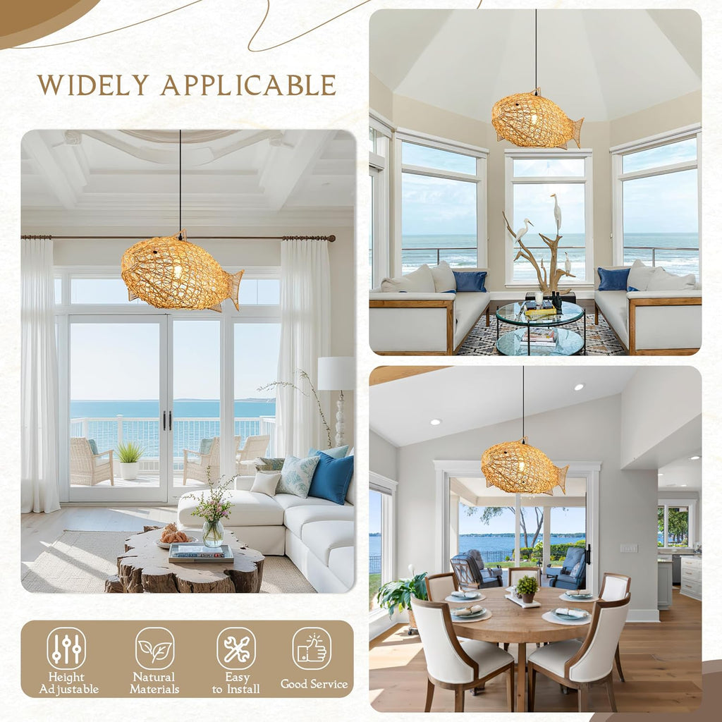 24 inch Fish-Shaped Rattan Woven Pendant Light Boho Chandelier Rustic Farmhouse Chandelier Rattan Light Fixture for Dining Room Living Room Bedroom Kitchen Foyer(Bulb Included)