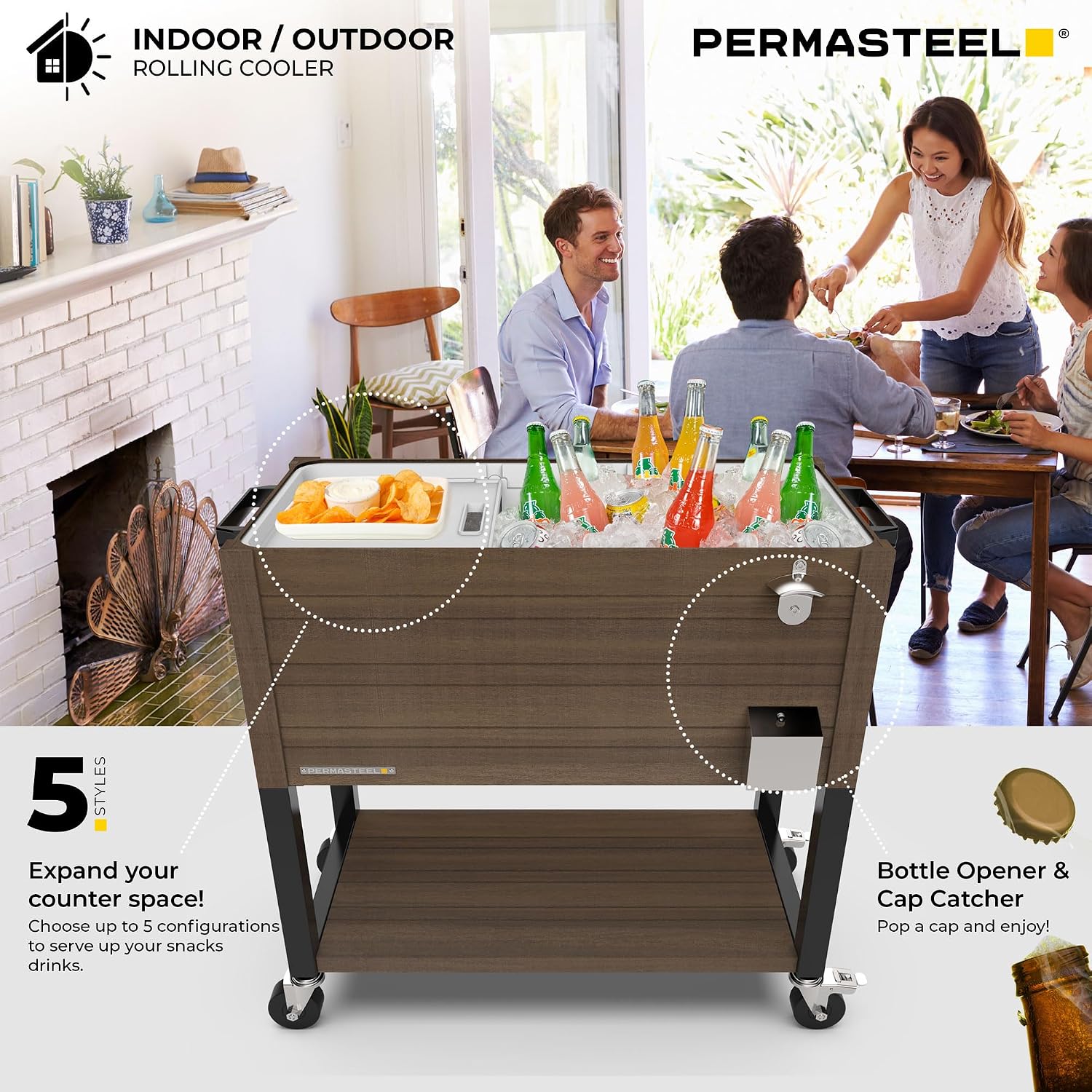 Permasteel 80 Quart Party Cooler, Rolling Ice Chest with Wheels and Handles for Indoor Outdoor Patio