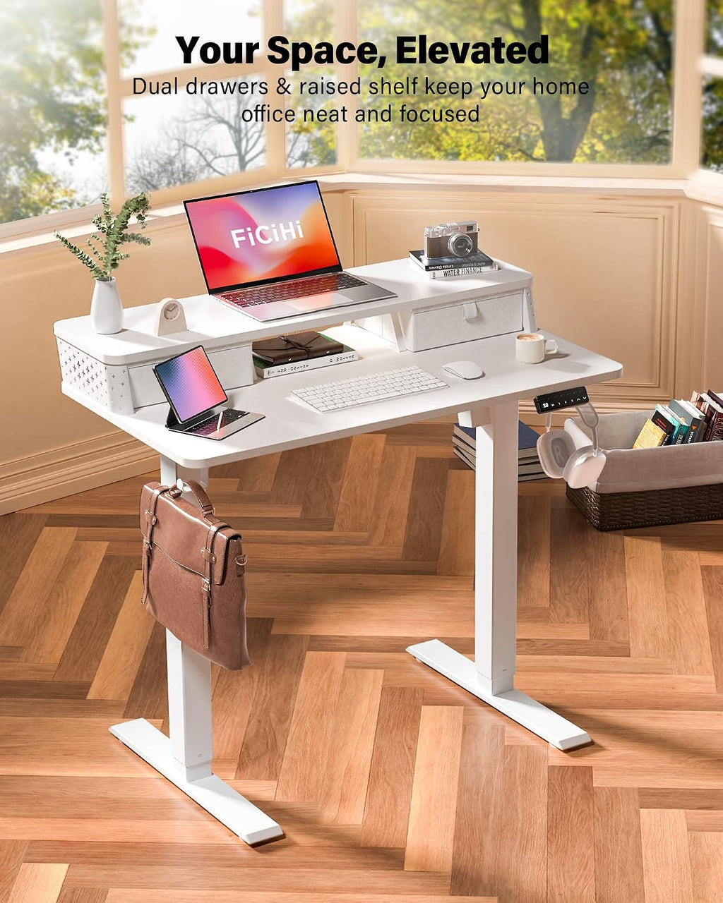 FiCiHi 35x20 Inch Standing Desk with Drawers, C-Clamp Mount Compatible, Electric Adjustable Height Computer Small Stand Up Desks, Home Office Sit Stand Table with 3 Preset Heights, White