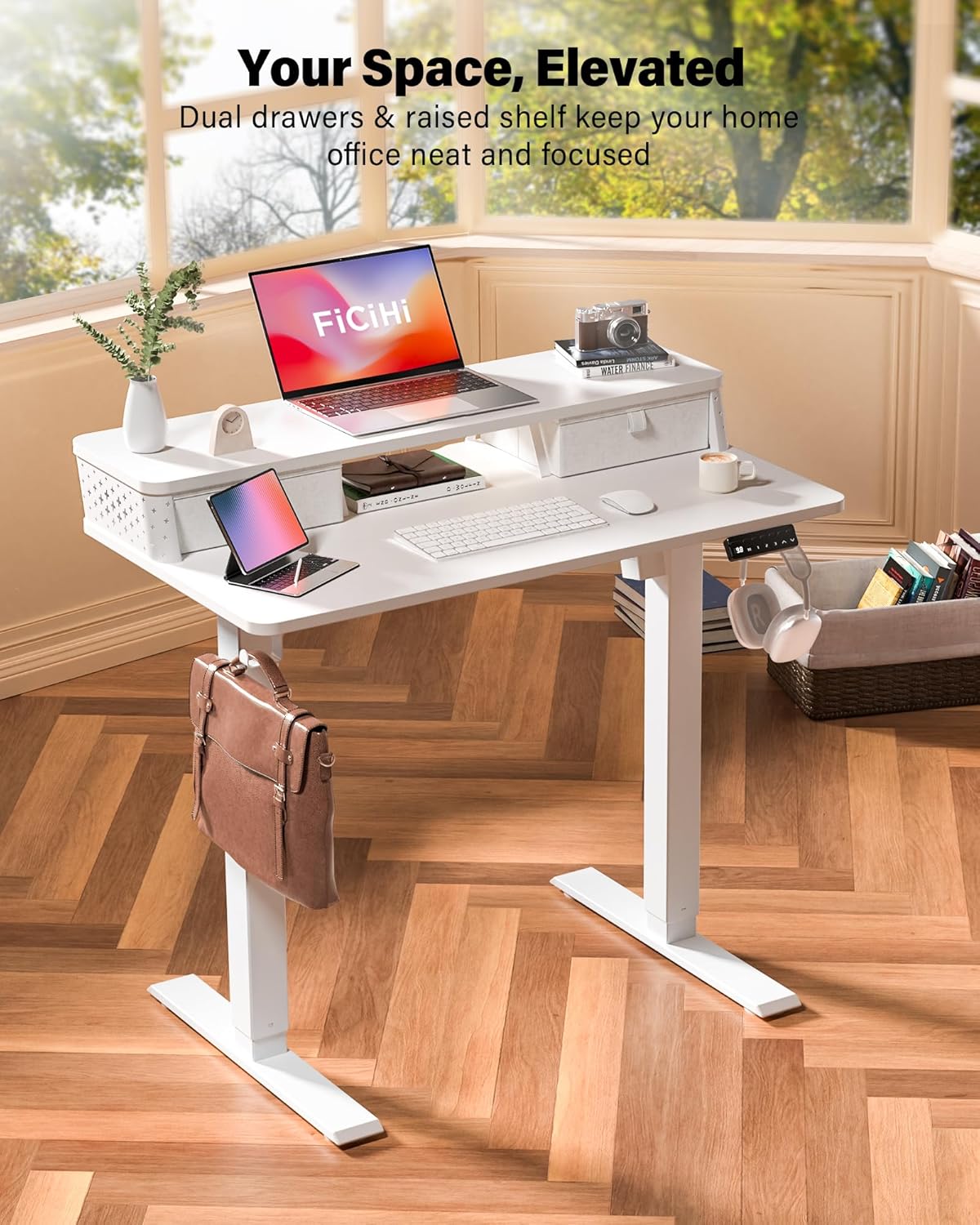 FiCiHi 40x24 Inch Standing Desk with Drawers, C-Clamp Mount Compatible, Electric Adjustable Height Computer Small Stand Up Desks, Home Office Sit Stand Table with 3 Preset Heights, White
