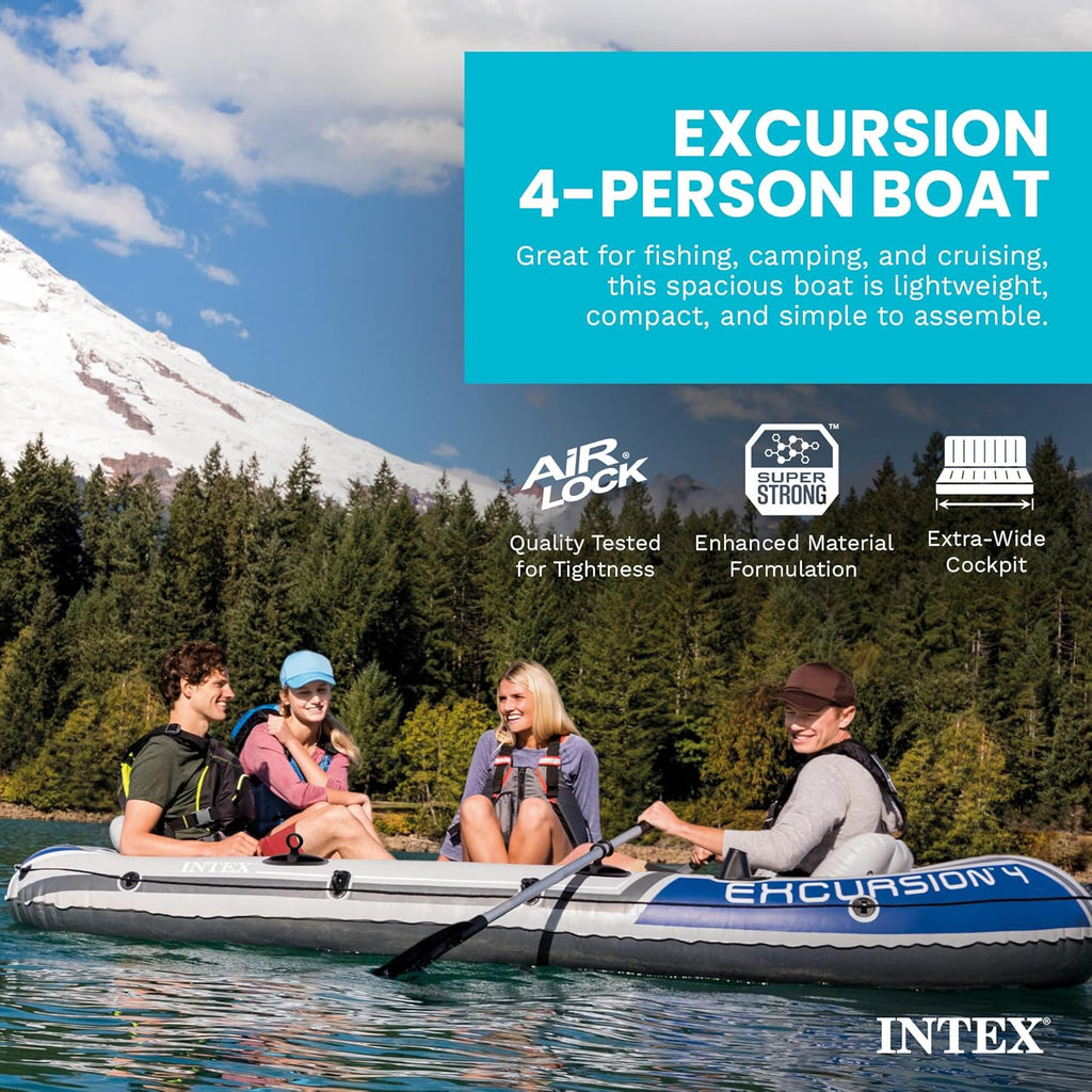 Intex 68324EP Excursion 4 Inflatable Boat Set: Includes Deluxe 54in Boat Oars and High-Output Pump – Adjustable Seats with Backrest – Fishing Rod Holders – 4-Person – 1100lb Weight Capacity