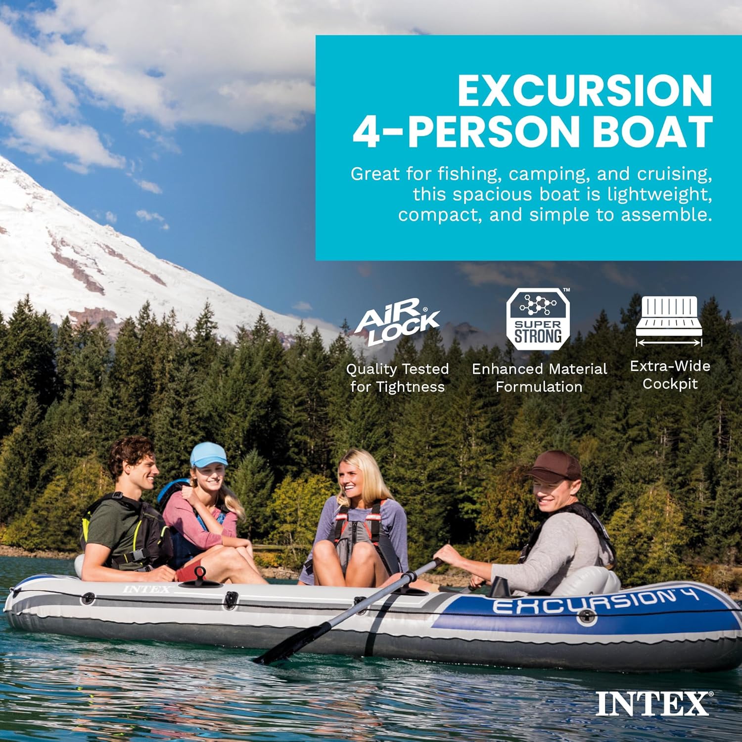 Intex 68324EP Excursion 4 Inflatable Boat Set: Includes Deluxe 54in Boat Oars and High-Output Pump – Adjustable Seats with Backrest – Fishing Rod Holders – 4-Person – 1100lb Weight Capacity