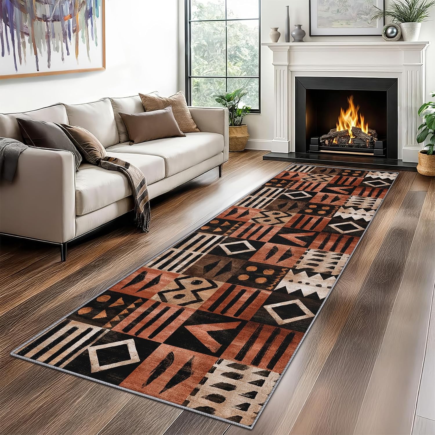 Tribal Runner Rug for Hallway - 3x10 Washable Rug Runner Non Slip - African Boho Kitchen Rugs - Afro Ethnic Geometric Carpet Runners for Hallway, Laundry Room, Bedroom, Bathroom