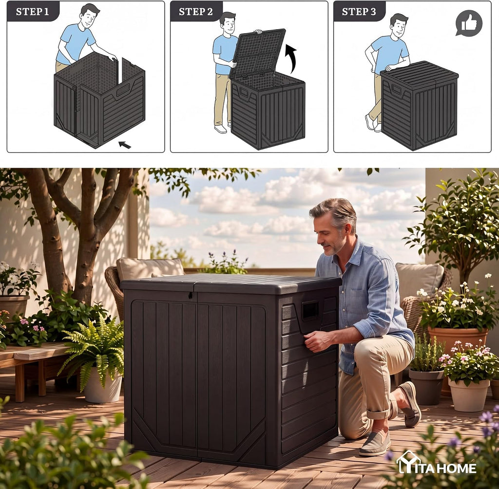 YITAHOME 150 Gallon Large Outdoor Storage Box w/Double Wall, Waterproof Deck Box with Hydraulic Piston for Garden Tools, Pool Accessories & Cushions, Resin Deck Organizer with Bench Seat(Black)
