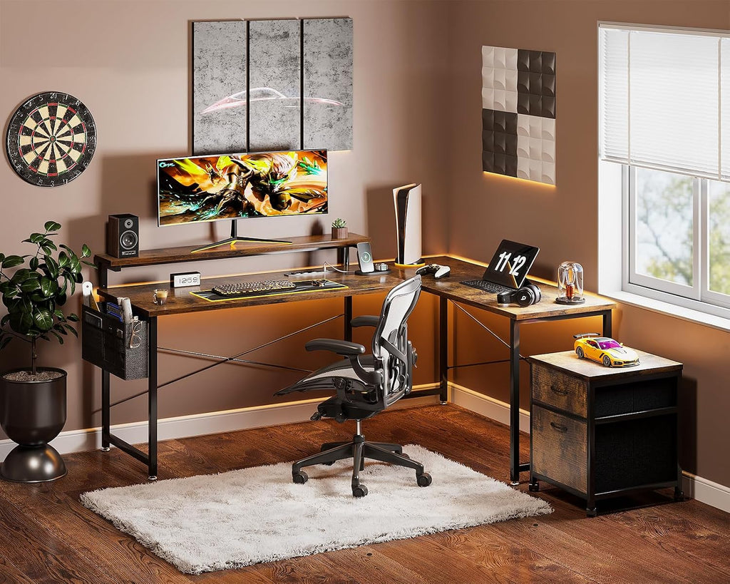 AODK 55' L Shaped Computer Desk, Office Desk with 2 Drawers File Cabinet, Power Outlet and Adjustable Monitor Stand, Reversible Corner Desk with Storage Bag, Vintage