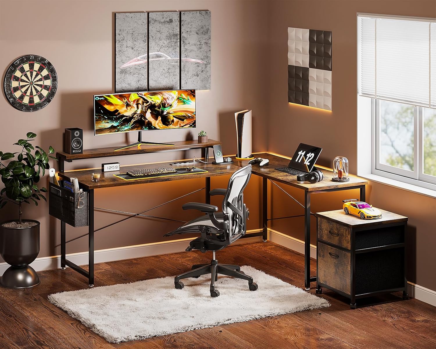 AODK 55' L Shaped Computer Desk, Office Desk with 2 Drawers File Cabinet, Power Outlet and Adjustable Monitor Stand, Reversible Corner Desk with Storage Bag, Vintage