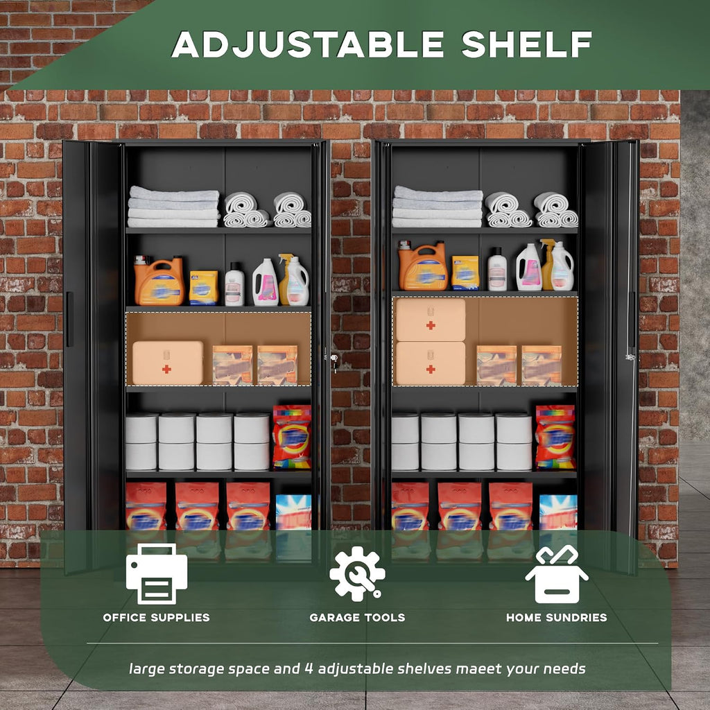 Greenvelly Metal Garage Storage Cabinet, 72' Locking Black Tool Steel Cabinet with Doors and 4 Shelves, Tall Metal Cabinets with Garage Storage Systems for Home Office, Kitchen/Pantry