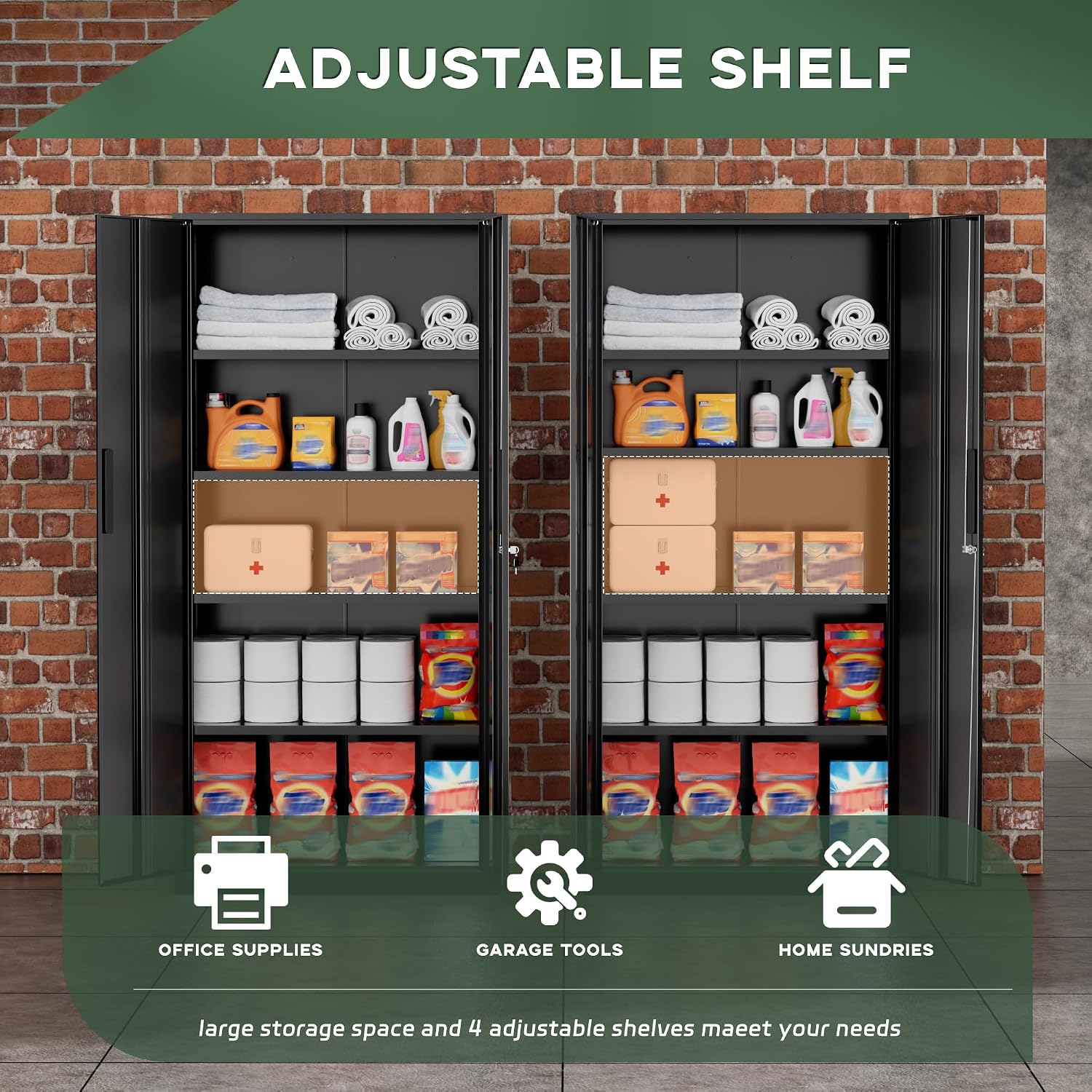 Greenvelly Metal Garage Storage Cabinet, 72' Locking Black Tool Steel Cabinet with Doors and 4 Shelves, Tall Metal Cabinets with Garage Storage Systems for Home Office, Kitchen/Pantry