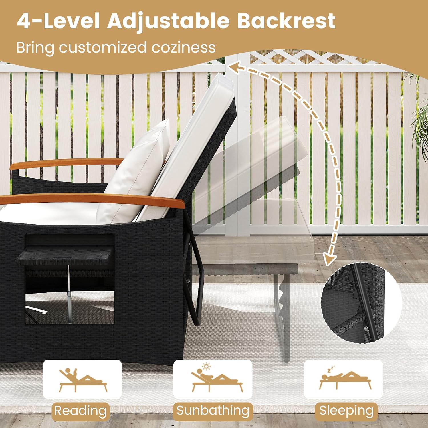 Tangkula Patio Rattan Daybed with 4-Level Adjustable Backrest, Outdoor Wicker Loveseat with Acacia Wood Armrest, Storage Ottoman & Folding Tray, Double Sunbed for Yard & Poolside (White & Black)