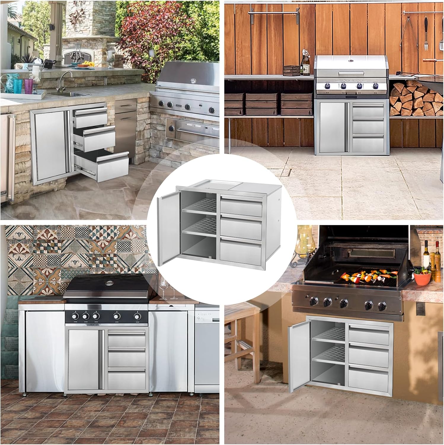 Outdoor Kitchen Drawer Combo Cabinet Stainless Steel Triple Drawers & Access Doors, 28' W x 22' H x 19.5' D, Built-in BBQ Island Cabinet for Outdoor Grill Station (Drawer and Left Door Combo)