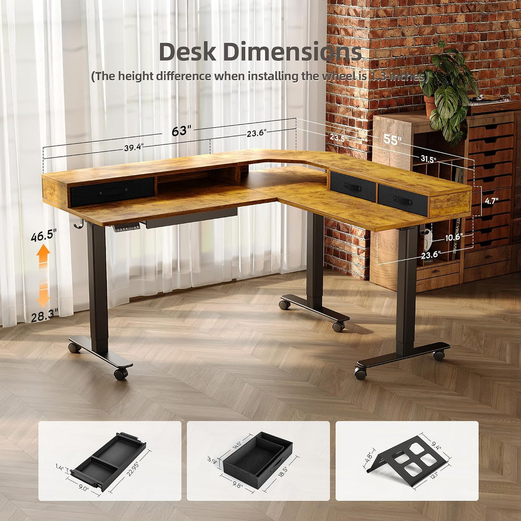 Claiks Dual Motor 63' L Shaped Standing Desk with Drawers, Electric Height Adjustable Standing Desk with Monitor Stand & Splice Board, Black Frame/Rustic Brown Top