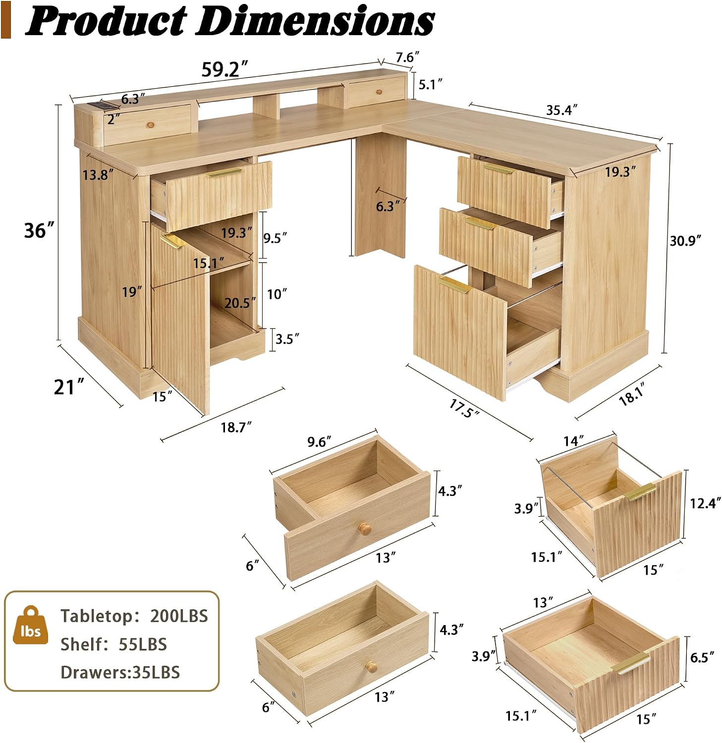 Fluted L Shaped Executive Desk with 6 Drawers & Monitor Stand, Home Office Computer Writing Desk with Power Outlets, File Drawer, Wood Corner Workstation Desk with Storage for Study, Bedroom(Natural)