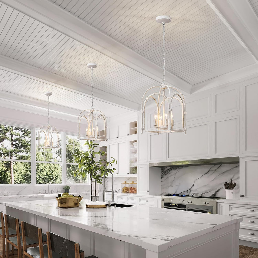4-Light Chandeliers, Farmhouse White Chandelier for Dining Room Light Fixtures, Lantern Metal Kitchen Pendant Light Fixtures, Rustic Cage Chandelier for Bedroom Living Room Kitchen Island Hallway