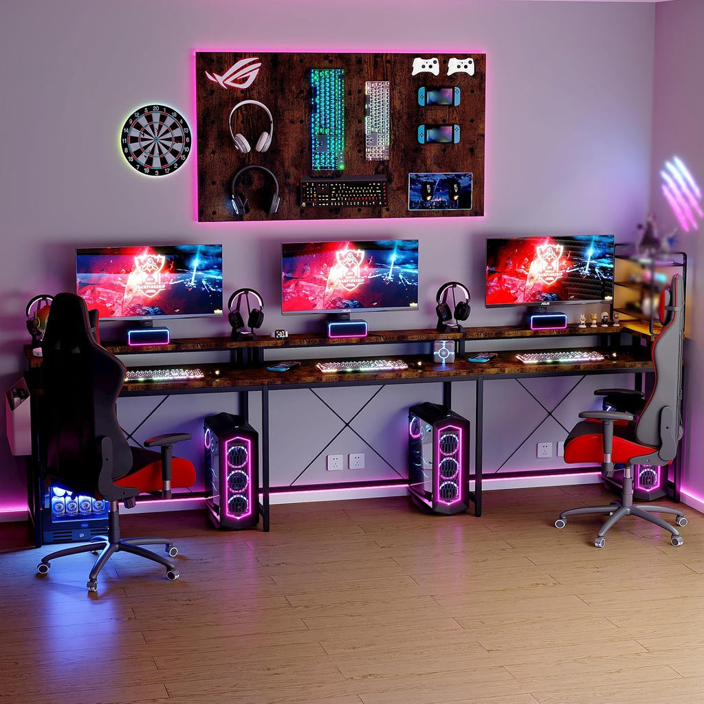 U Shaped Gaming Desk, 79' Reversible U Shaped Desk with Power Outlets, LED Lights, Monitor Stand & Storage Shelves, Corner Office Desk for Home Office, Gaming, Workstation (Tiger Stripes)