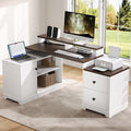 67' L Shaped Executive Desk with Drawers & Storage Shelf, Corner Computer Desk with Power Outlets, Home Office Desk with Monitor Stand, Printer Shelf, Computer Writing Desk for Work, Antique White