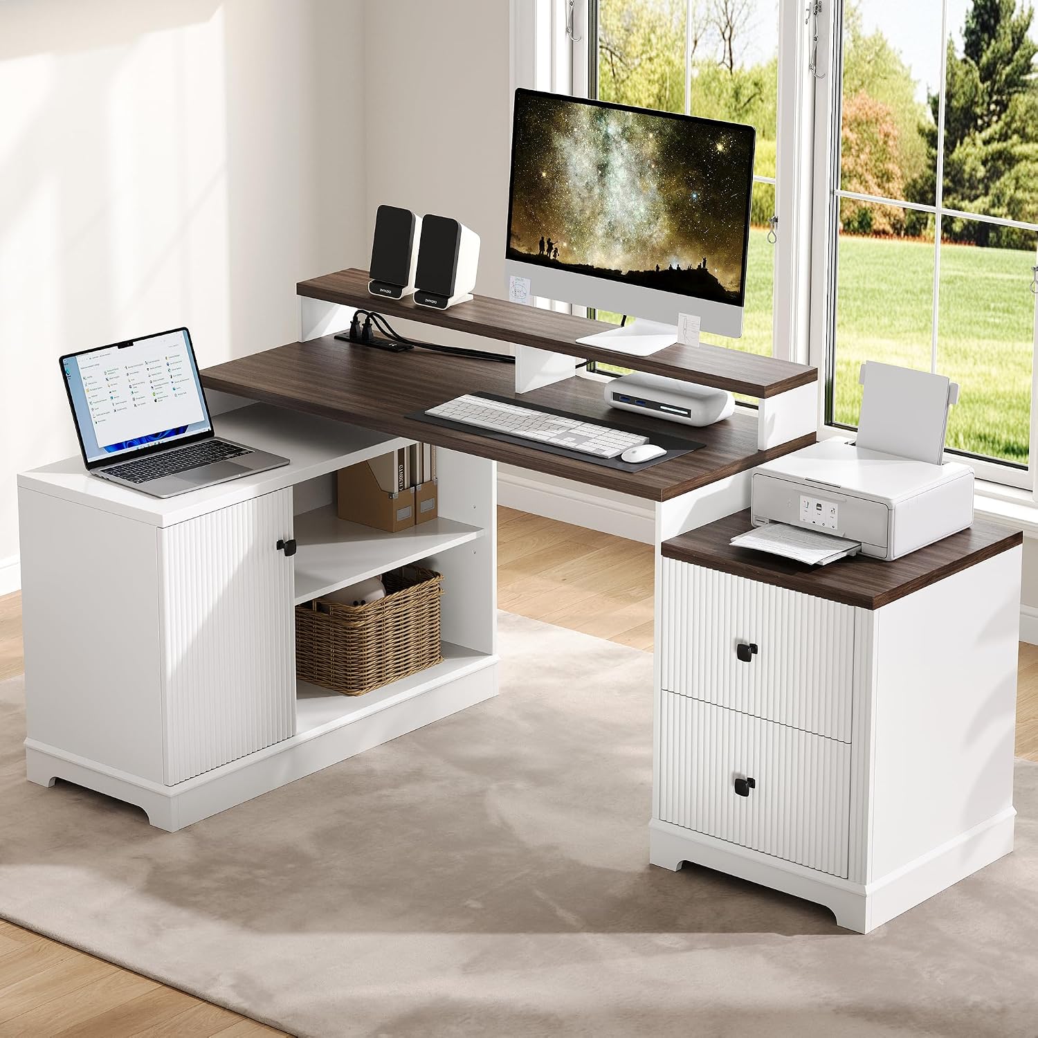 67' L Shaped Executive Desk with Drawers & Storage Shelf, Corner Computer Desk with Power Outlets, Home Office Desk with Monitor Stand, Printer Shelf, Computer Writing Desk for Work, Antique White