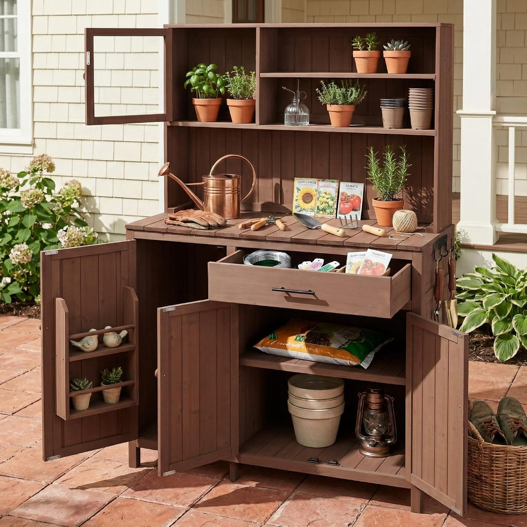 Potting Bench with Hutch, 65' H Solid Fir Wood Garden Workstation, Large Countertop, Patio Kitchen Island with Adjustable Shelves, Spice Rack, Side Hook and Drawer (Brown-P1)