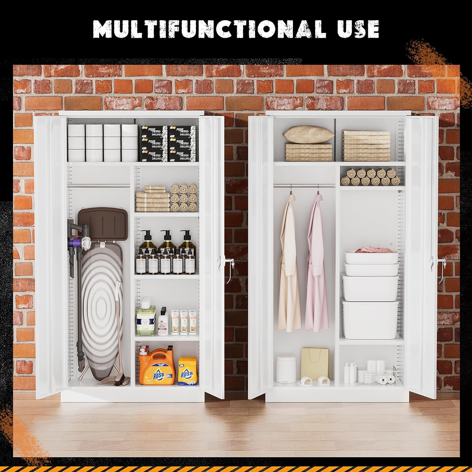 Greenvelly Metal Storage Cabinet with 2 Doors, White 72' Steel Storage Wardrobe Cabinet, Employees Locker Closet Clothing Coat Steel Wardrobe Cabinet with Hanging Rod for Garage, Gym, Home Office