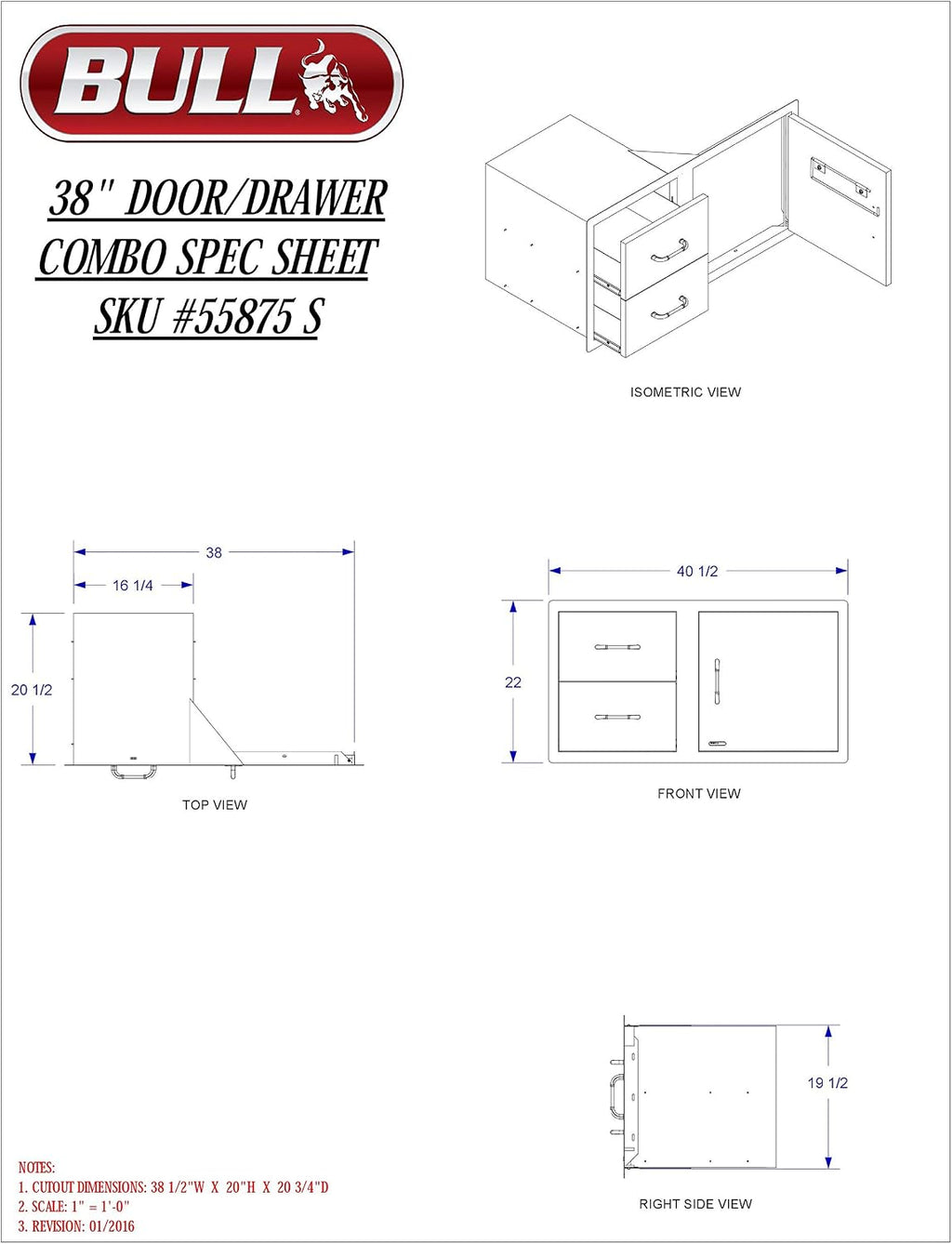 Bull Outdoor Products 55875 38' Door/Drawer Combo – 304 16 Gauge Stainless Steel, Soft Close Drawers, Double Walled Door, Access for Propane Tanks, Rust Resistant Outdoor Kitchen Storage