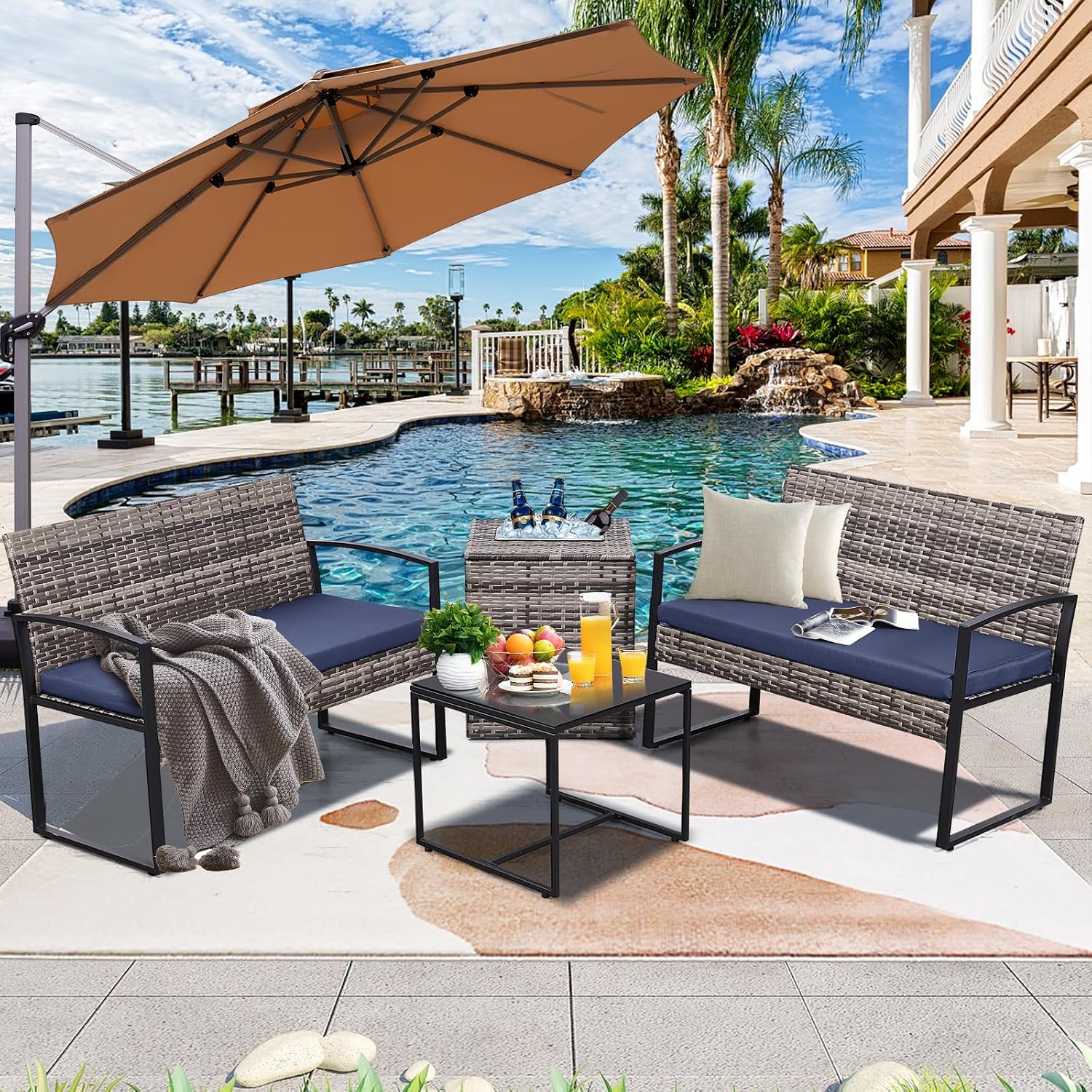 FHFO 4 Piece Outdoor Patio Furniture Set with Built-in Beverage Cooler Storage Box, Wicker Conversation Sets Patio Outdoor Loveseats & Coffee Table for Outside, Garden, Balcony, Porch, Grey/Blue
