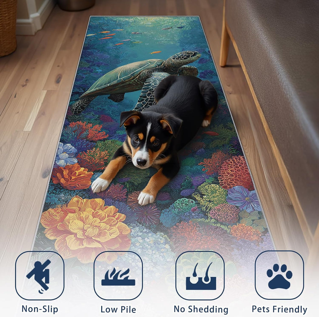 Sea Turtle Rug Runner 3x10 - Washable Non Slip Runner Rug for Hallway - Fish Coral Underwater Kitchen Rugs - Coastal Ocean Animal Carpet Runners for Hallway, Laundry Room, Bedroom, Bathroom
