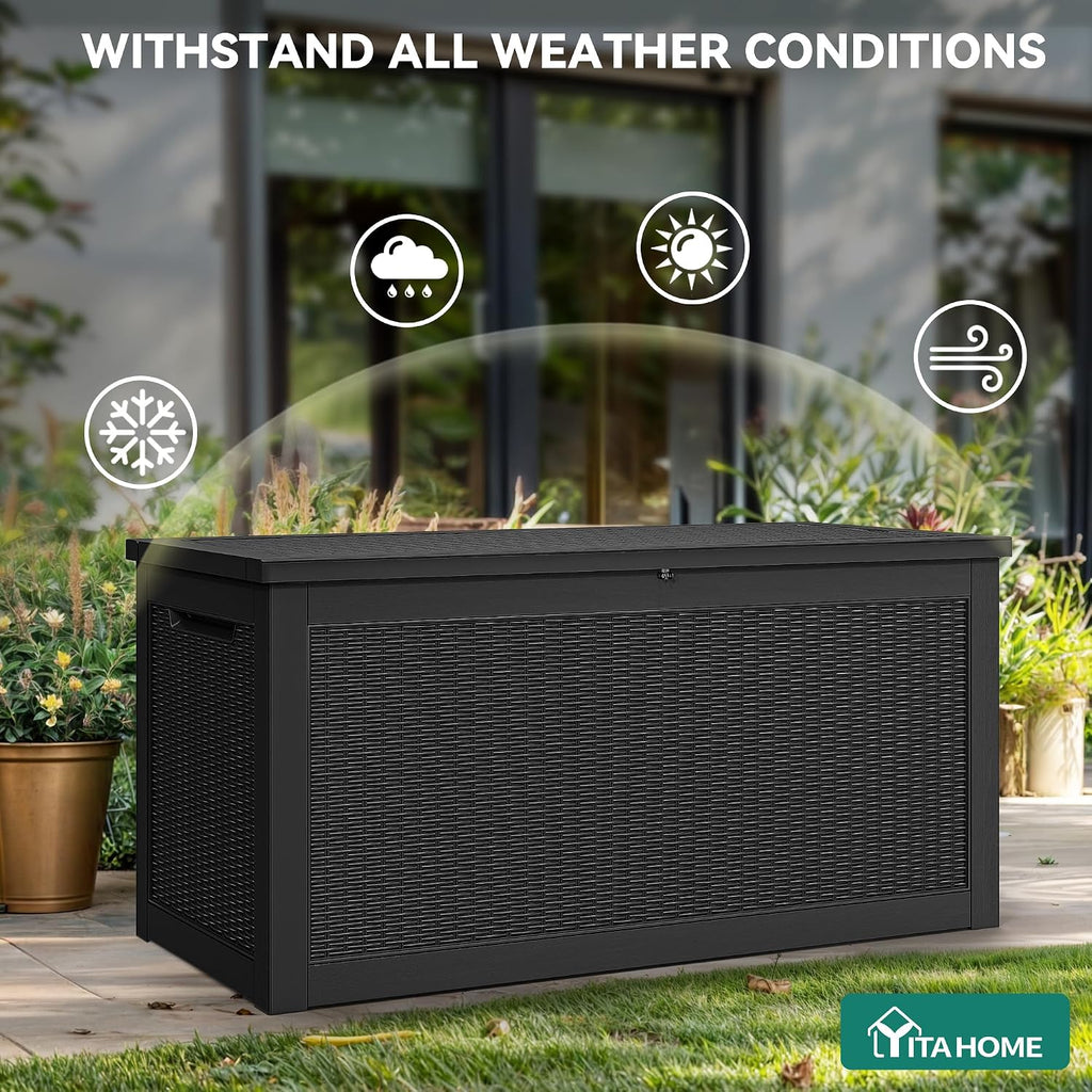 YITAHOME 320 Gallon Outdoor Storage Box, Large Water Resistant Resin Deck Box, Indoor Outdoor Lockable Storage Container for Patio, Garden, Cushions, Tools, Equipment(Black)