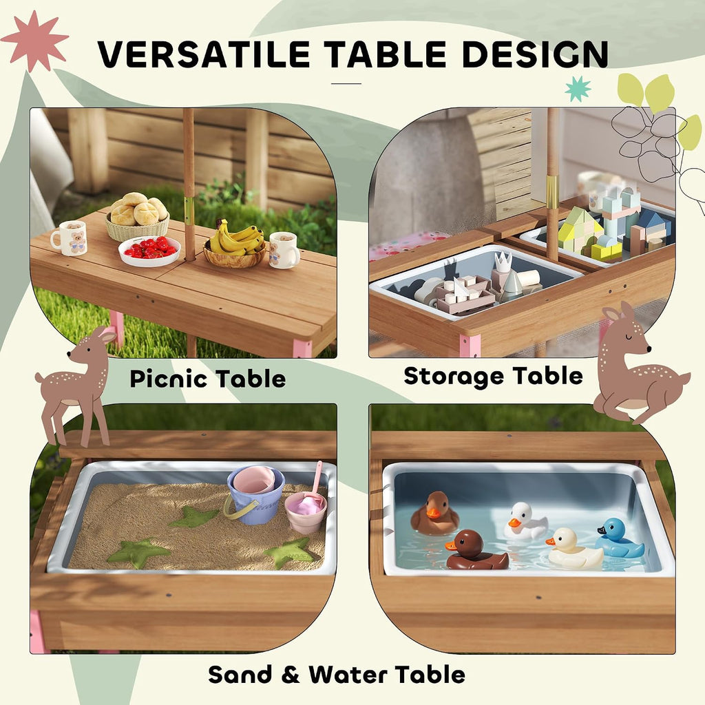 Qaba Kids Picnic Table, Wooden Table and Bench Set with Foldable Umbrella, Removable Cushions & Boxes, Flamingo Theme Children Activity Table Outdoor Furniture for Patio, Pink