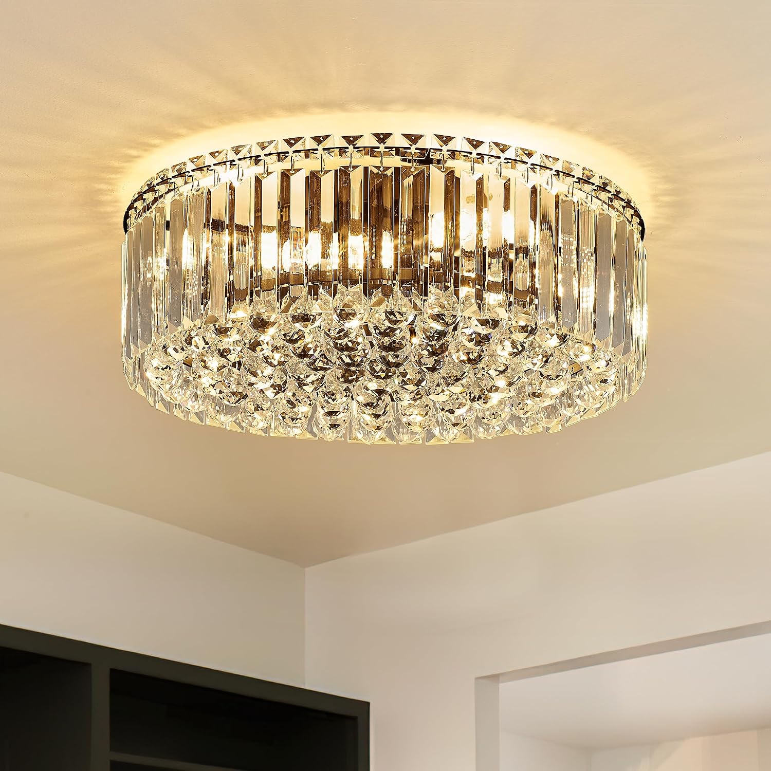17.3' Black K9 Crystal Raindrop Flush Mount Ceiling Light, Modern Chandelier, Round Luxury Light Fixture for Dining Room, Bedroom, Hallway, Kitchen Island & Living Room