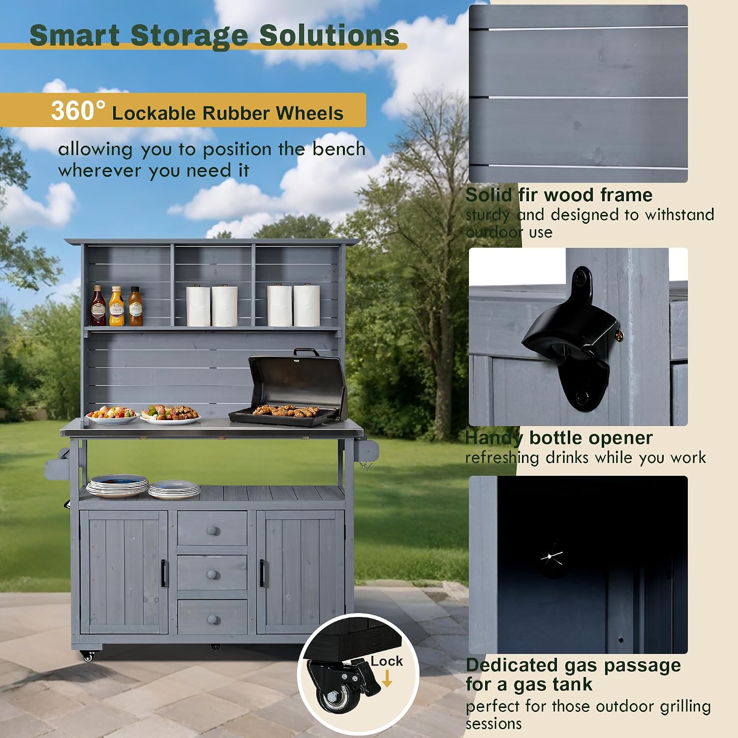 65''H Large Garden Potting Bench, Solid Fir Wood Outdoor Kitchen Island with Lockable Wheels, Stainless Steel top, Drawers, Shelf and Cabinets, Door Shelves and Hutch for Grilling (Gray-113)