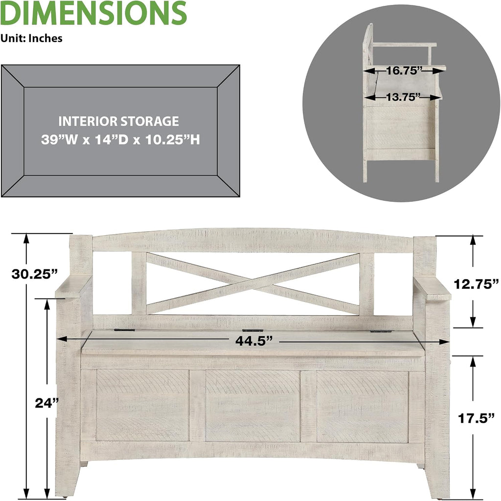 OSP Home Furnishings Metro Entry Way Storage Bench with X-Back, Distressed White Finish