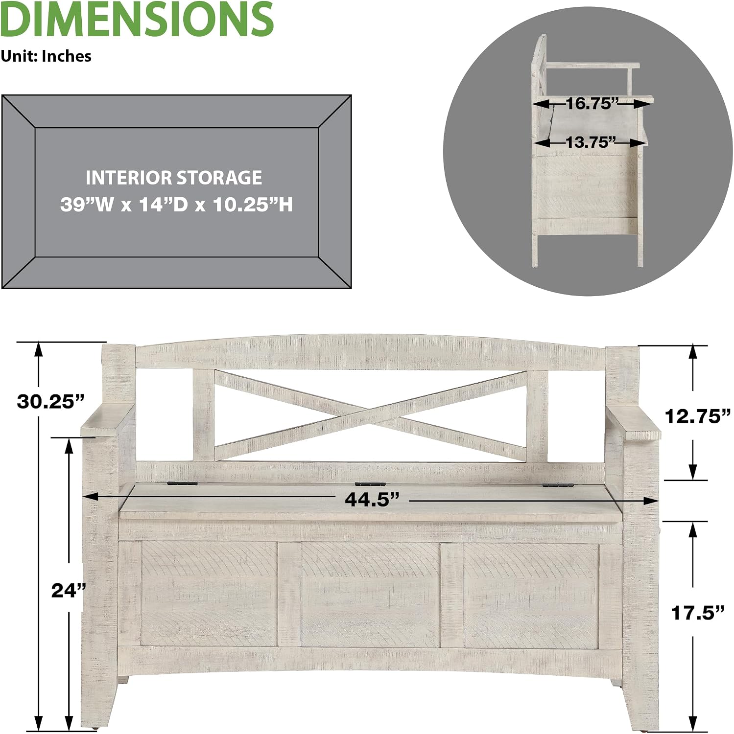 OSP Home Furnishings Metro Entry Way Storage Bench with X-Back, Distressed White Finish