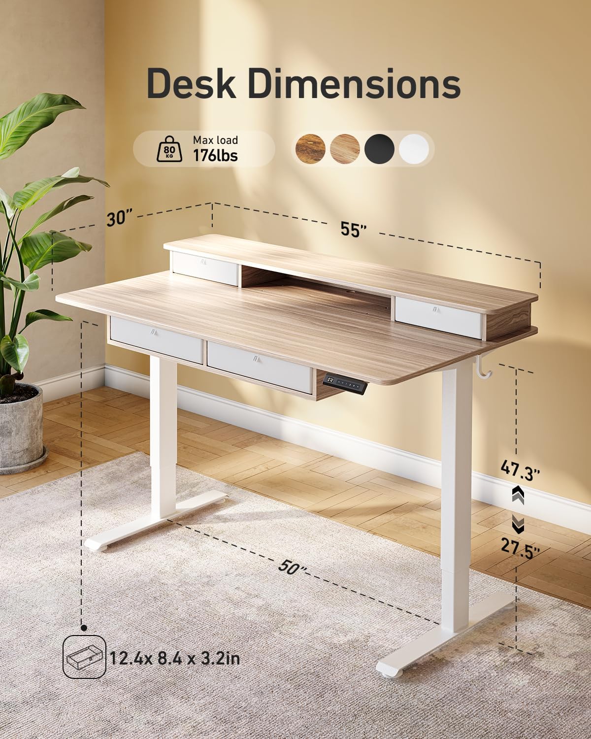 FEZIBO 60 x 30 inch Standing Desk with Drawers, Height Adjustable Electric Workstation, Computer Sit Stand Up Table with Large Storage Shelf 4 Drawers and 2 Hooks, Light Rustic Brown