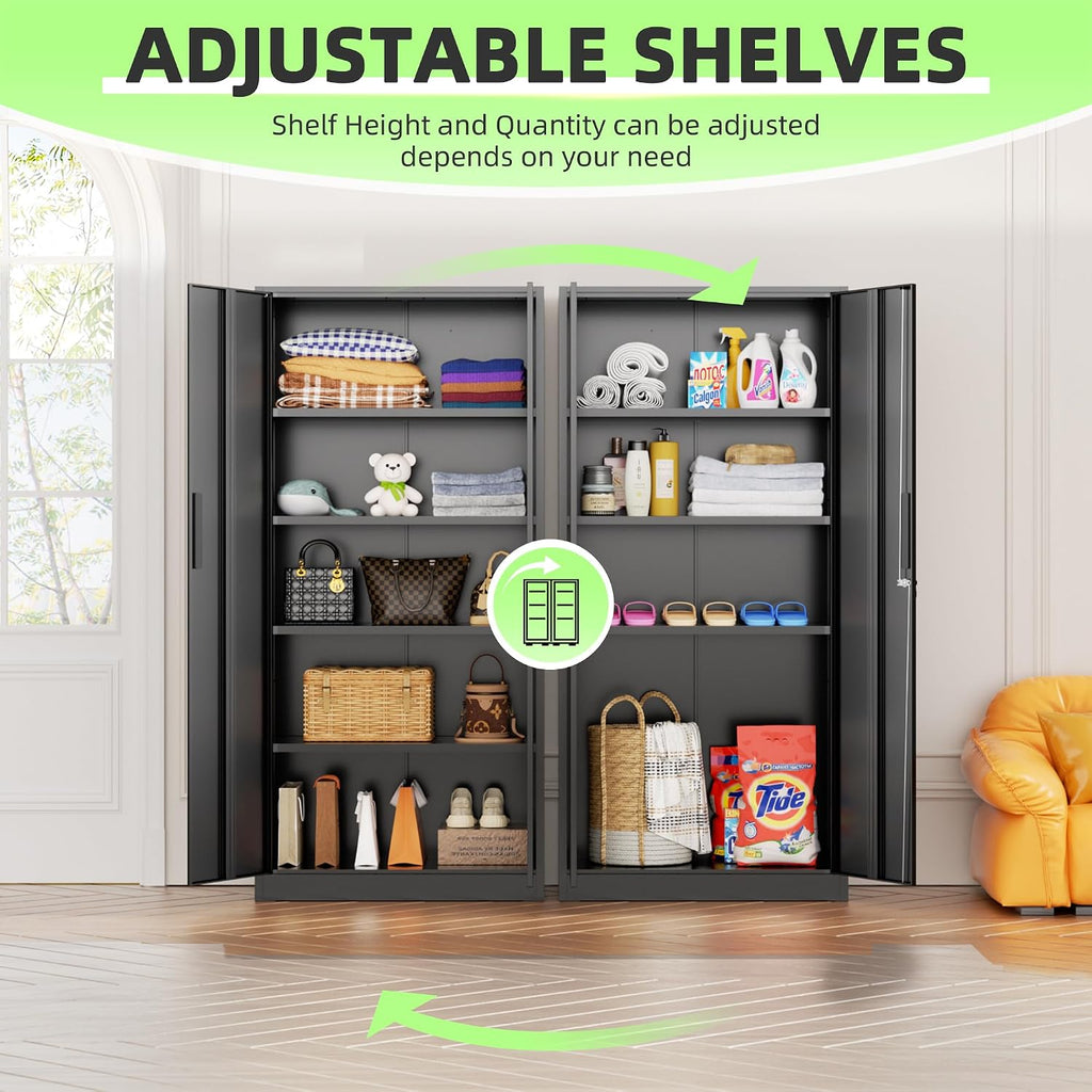 Bonusall 72' Storage Cabinet,2 Locking Doors & 4 Adjustable Shelves,Tall Cabinets,Heavy Duty Steel Cabinet for Home, Office, Warehouse, School (Black)