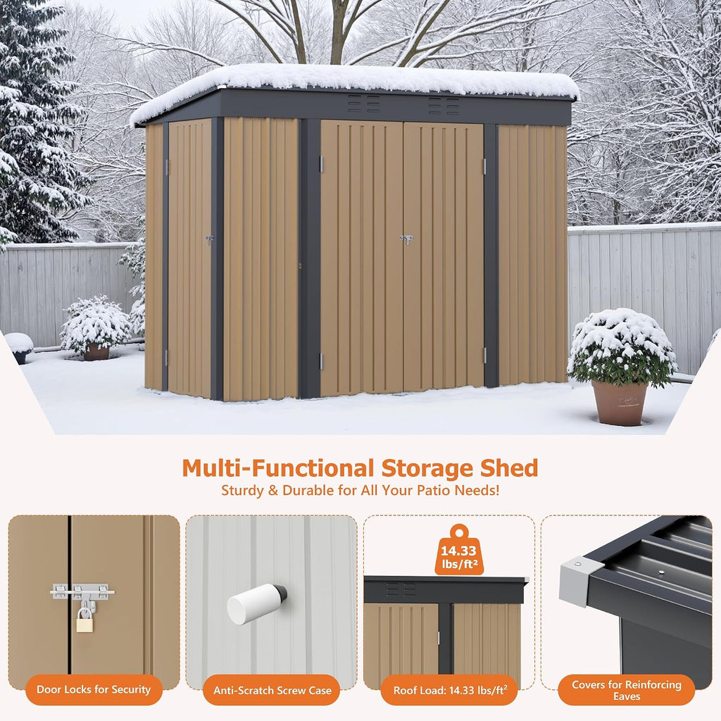 JUMMICO 8x4 FT Outdoor Storage Shed, Heavy Duty Tool Metal Sheds with 3 Lockable Doors and Updated Frame Structure for Backyard Patio Lawn, Brown