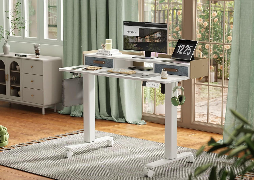 YDN Electric Standing Desk with Drawers, Adjustable Height Stand Up Desk, 48 inch Electric Sit Stand Computer Desk for Home Office, White