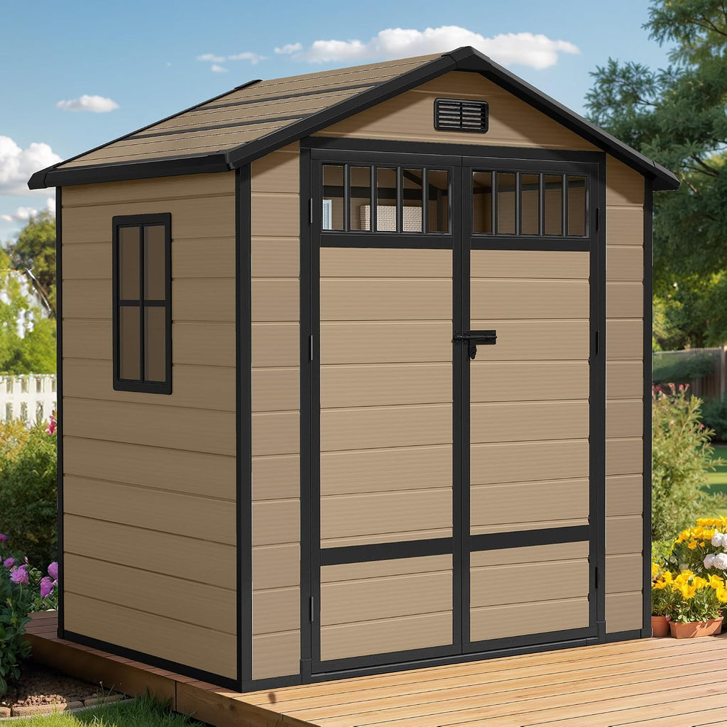 DWVO Outdoor Storage Shed, All-Weather Resin Plastic Storage Shed with Windows, Slanted Roof, Raised Floor, Capacity for Garden Tools & Equipment, Ideal for Backyard & Garden