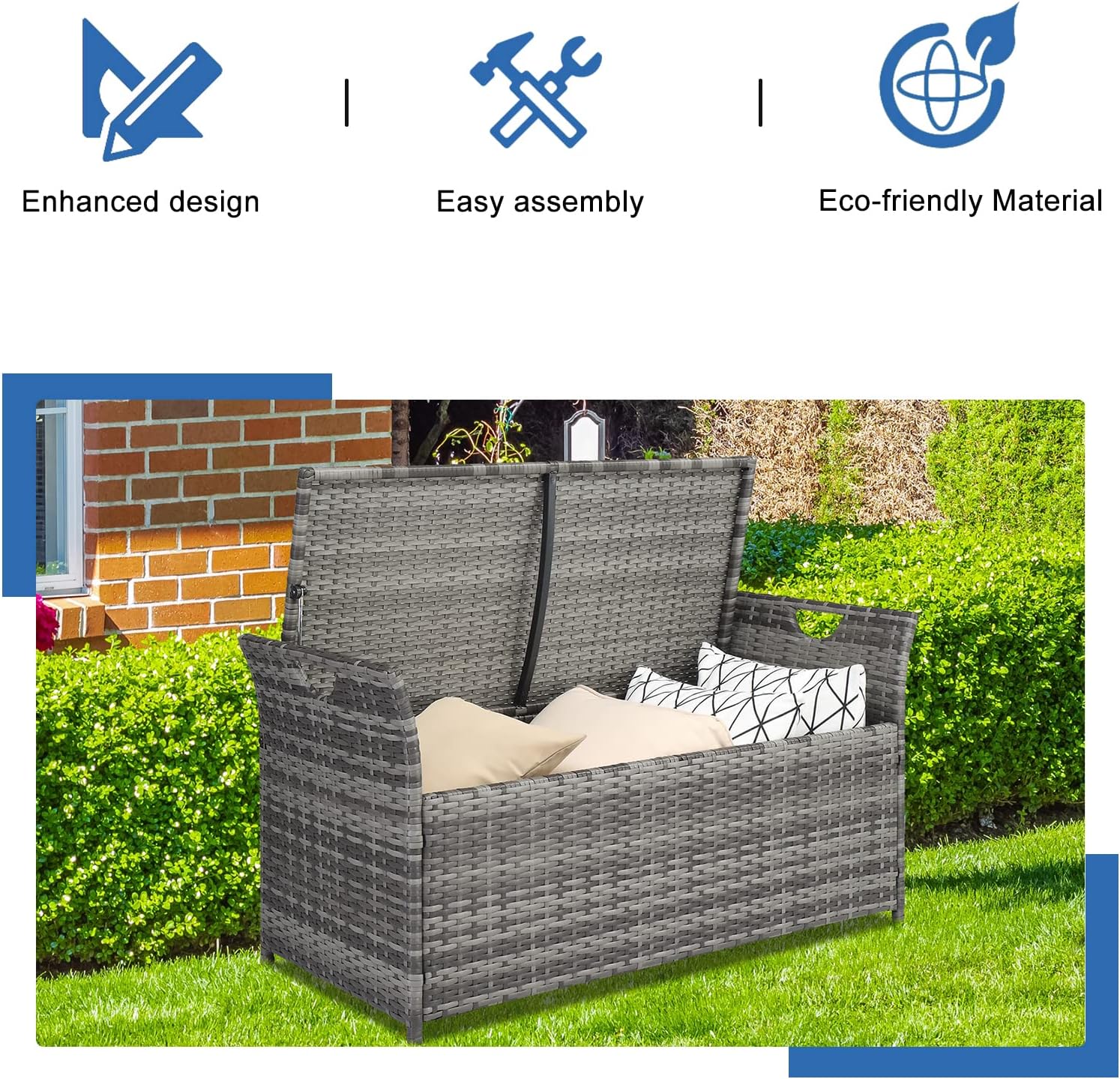 Outvita 40 Gallon Outdoor Storage Box, Patio Rattan Storage Bench with Cushion for Backyard, Balcony, Poolside, Garden, Gray