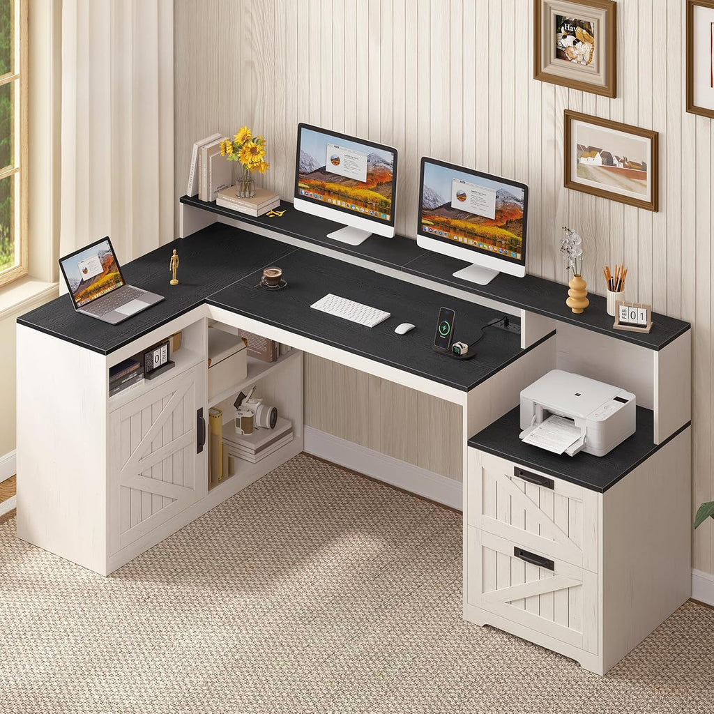 TVU Farmhouse L Shaped Desk with Drawers, 62.2' Home Office Desk with Storage Shelves and Power Outlet, L Shaped Computer Desk with Monitor Stand and Printer Shelf, Black and White