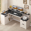 TVU Farmhouse L Shaped Desk with Drawers, 62.2' Home Office Desk with Storage Shelves and Power Outlet, L Shaped Computer Desk with Monitor Stand and Printer Shelf, Black and White