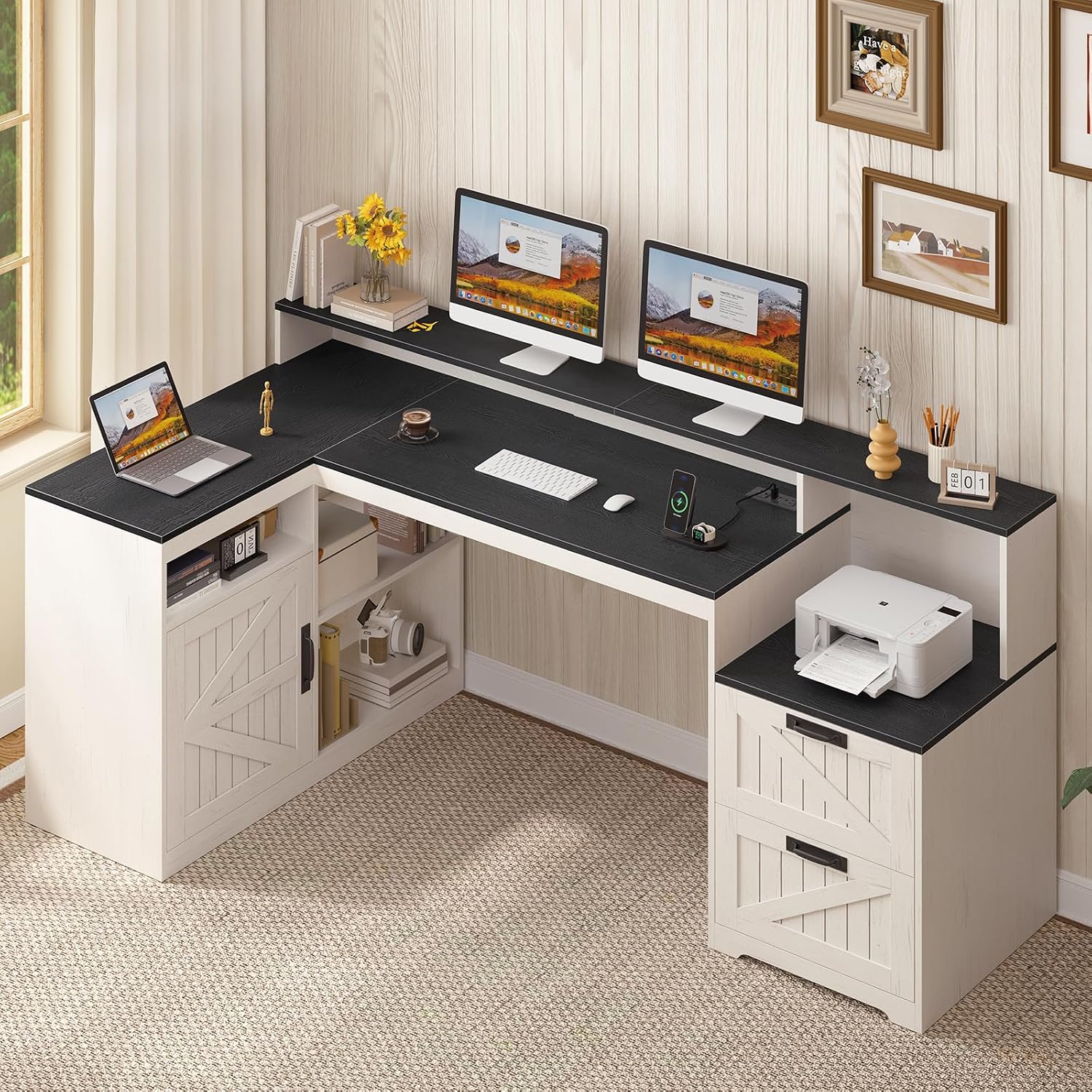 TVU Farmhouse L Shaped Desk with Drawers, 62.2' Home Office Desk with Storage Shelves and Power Outlet, L Shaped Computer Desk with Monitor Stand and Printer Shelf, Black and White
