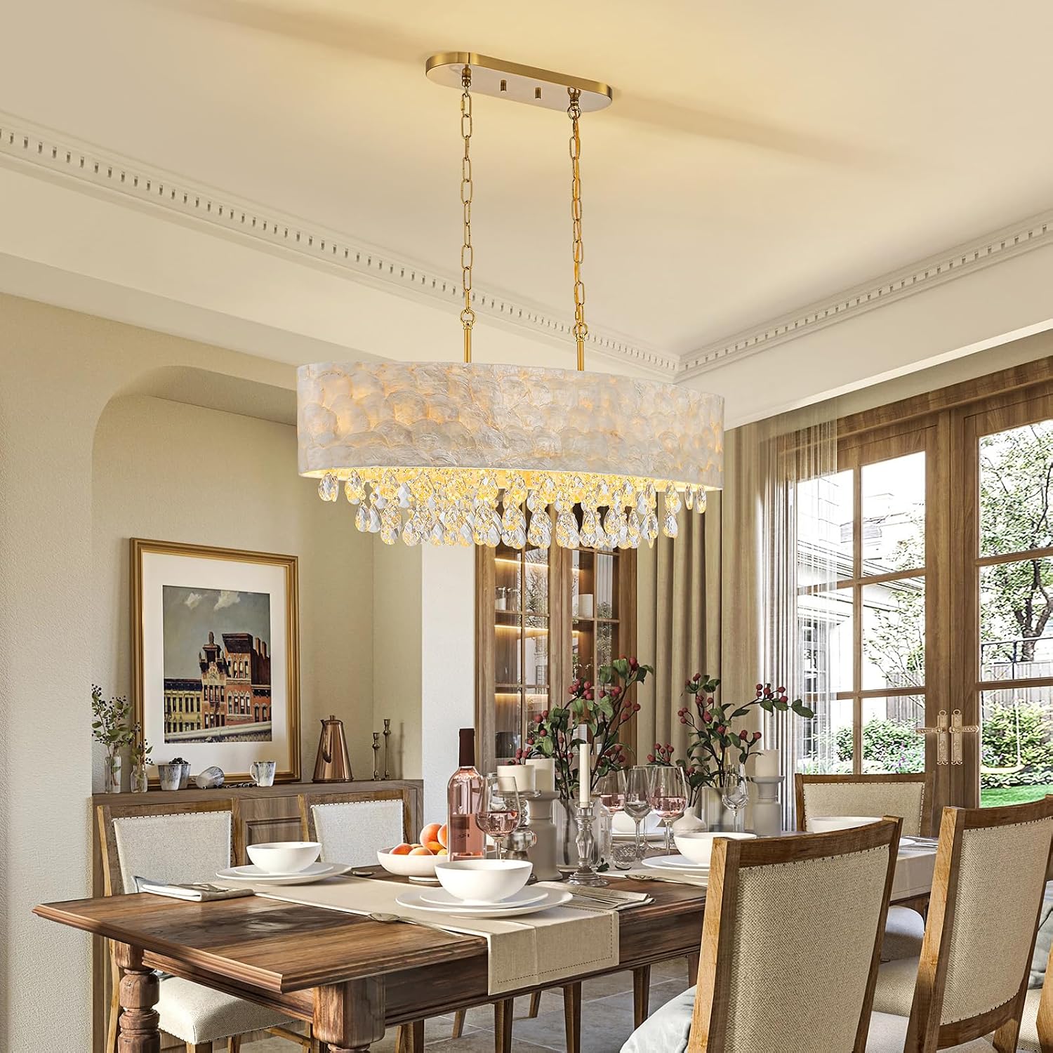 LumFurn 6-Light Oval Capiz Shell Crystal Linear Chandeliers, Coastal Design Light Fixture for Dining Room, Kitchen Island, L32xW12xH19~65in(Adjustable), K9 Crystal, Shell Lampshade & Brass Finish