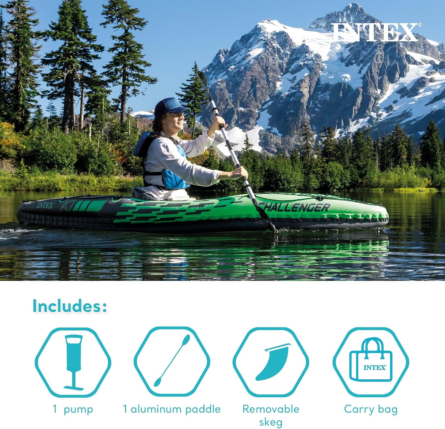 Intex Challenger K1 1 Person Durable Vinyl Streamline Sporty Kayak with Inflatable Seat and Backrest, Oar, Pump, Carrying Bag, and Repair Kit (2 Pack)
