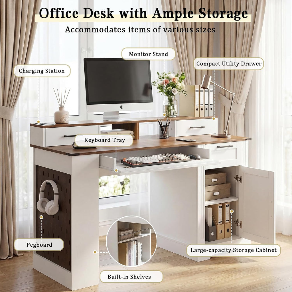 55' Farmhouse Computer Desk with Power Outlets, Removable Monitor Stand with Drawers, Convertible Keyboard Tray & Storage Cabinet, Home Office Writing Desk with Pegboard Organizer
