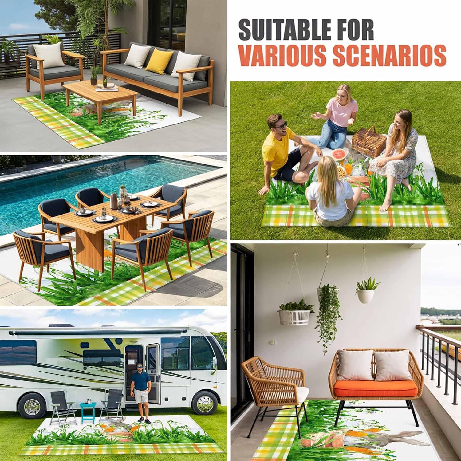 Easter Bunny Outdoor Rug for Patio/Deck/Porch, Non-Slip Large Area Rug 4 x 6 Ft, Spring Garden Floral Botanical Plaid Rustic Indoor Outdoor Rugs Washable Area Rugs, Camping Rug Carpet Runner
