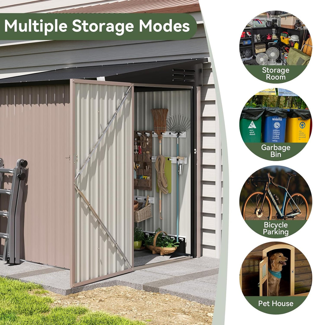 6'x4' Lean to Shed Galvanized Steel Storage Sheds with Side Door Waterproof Utility Shed with Sloped Roof for Mower, Bike, Garden Tools (Brown)