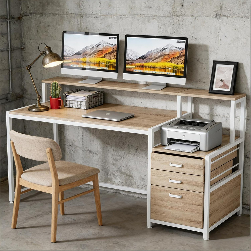 Writing Desk Computer Desk with Drawers and Monitor Riser Office Desk with File Cabinet Elevated Monitor Stand Two-Tier 63in Spacious Workstation Natural White