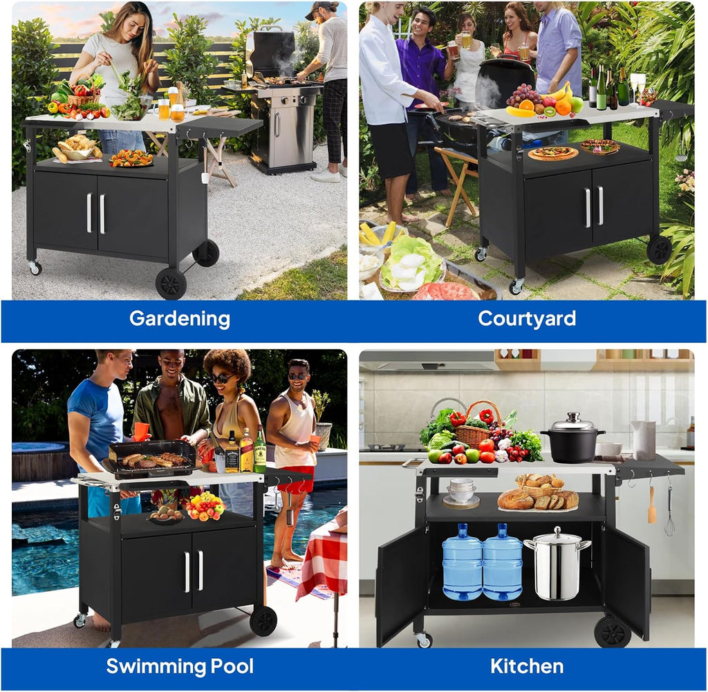 ROVSUN Gourmet Grill Cart with Storage, Movable Grill Table with Wheels, Hooks and Spice Rack, Stainless Steel Top & Storage Cabinet, Pizza Oven Cart for Camping, Tailgating, and Outdoor Cooking