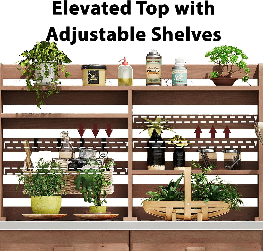 64.9'H Outdoor Potting Bench Table, Outdoor Wood Workstation Table with Lockable Wheels, Stainless Steel Top, Towel Rack, Solid Wood Outdoor Kitchen Island with Upper Hutch for Grilling, Lawn Garden