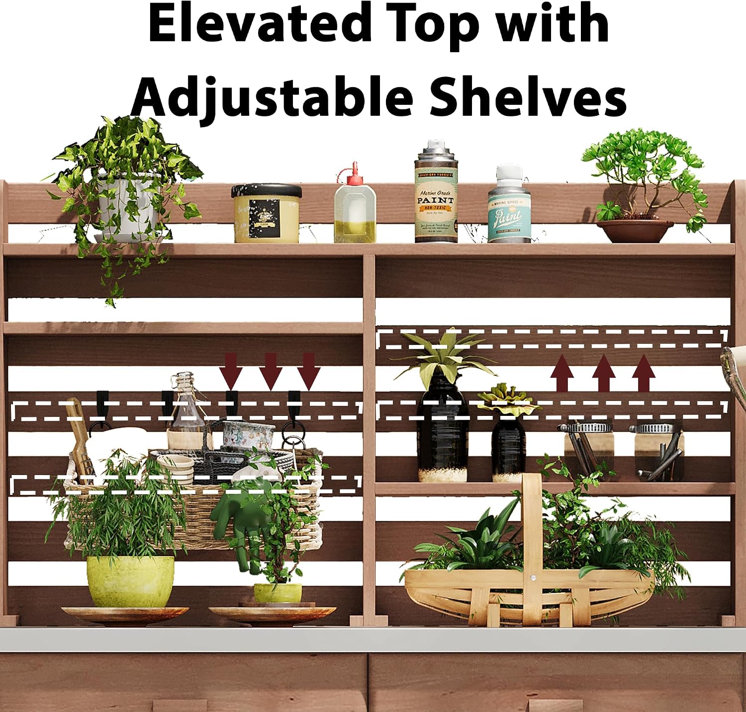 64.9'H Outdoor Potting Bench Table, Outdoor Wood Workstation Table with Lockable Wheels, Stainless Steel Top, Towel Rack, Solid Wood Outdoor Kitchen Island with Upper Hutch for Grilling, Lawn Garden